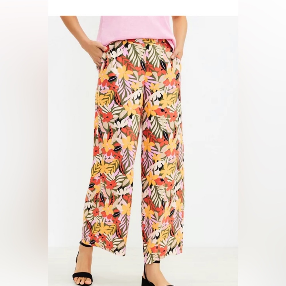 NWT LOFT Pull On Wide Leg Crop Pants Orange Yellow Pink Tropical Floral Print